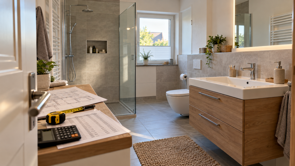 Realistisch ausgestattetes Badezimmer als Beispiel für die Kostenplanung einer Badsanierung.