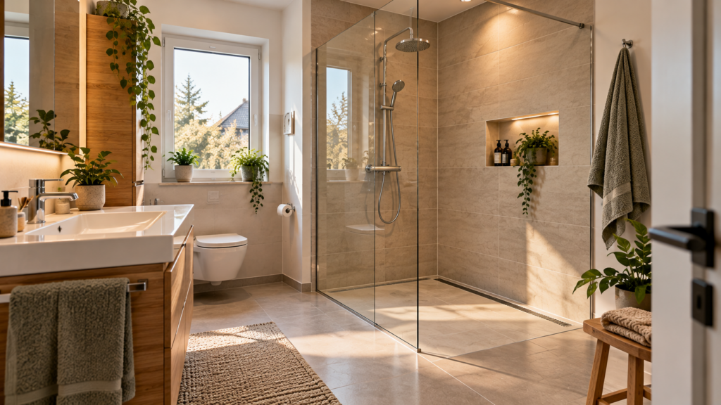 Wirtschaftlich geplante Dusche in einem ruhigen und funktionalen Badezimmer mit Glasabtrennung und sicherem Zugang.