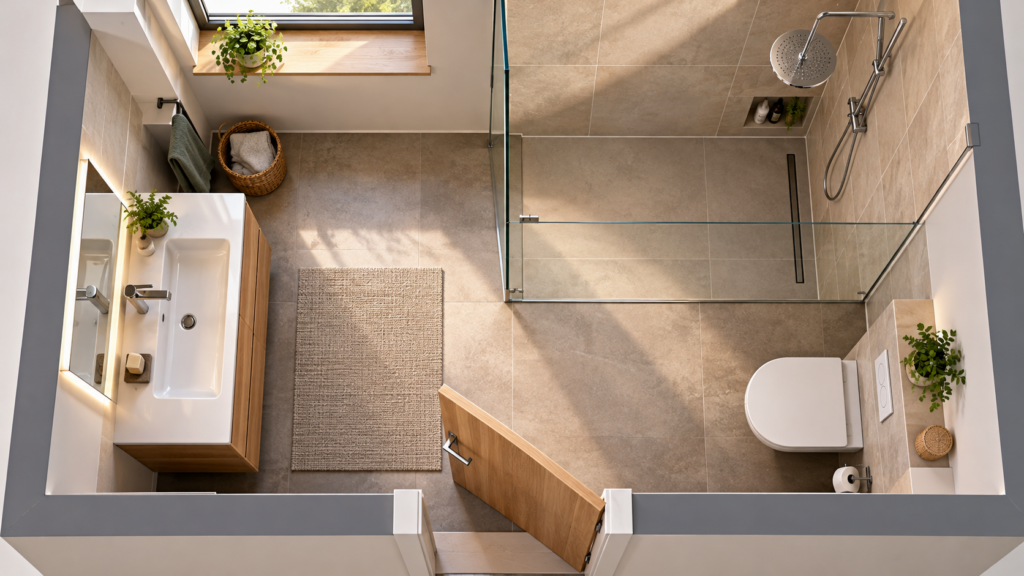 Grundriss einer Dusche mit Einstiegsbereich und Bewegungsflächen im Badezimmer.