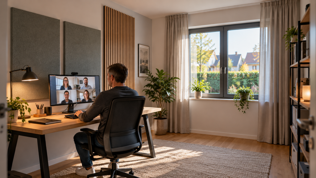 Homeoffice mit schlichten Wandabsorbern und Vorhang zur Verbesserung der Raumakustik.