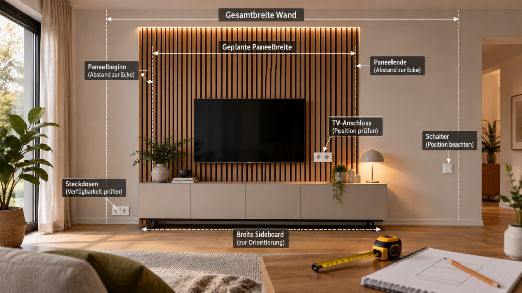 Wand für Akustikpaneele mit Steckdosen, Möbeln und Paneelfläche planen