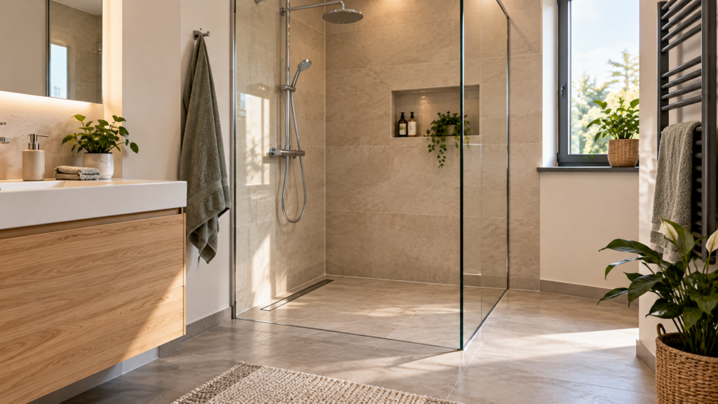 Sicher und pflegeleicht geplante Dusche mit leicht zugänglicher Glasabtrennung.