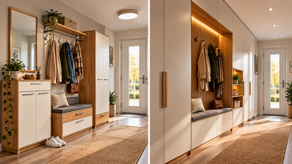 Vergleich zwischen modularer Standardgarderobe und maßgefertigter Einbaugarderobe.