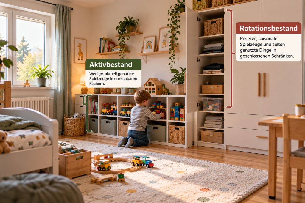 Spielzeug im Kinderzimmer mit erreichbarem Aktivbestand und geschlossenem Rotationsbestand