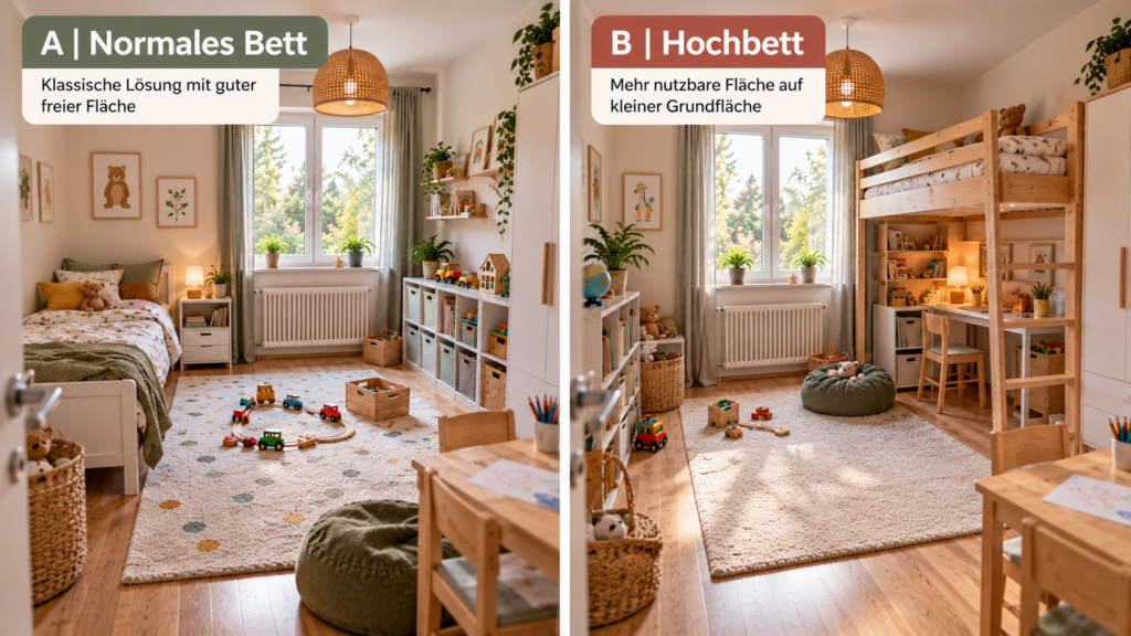 Kinderzimmer Vergleich zwischen normalem Bett und Hochbett bei wenig Platz