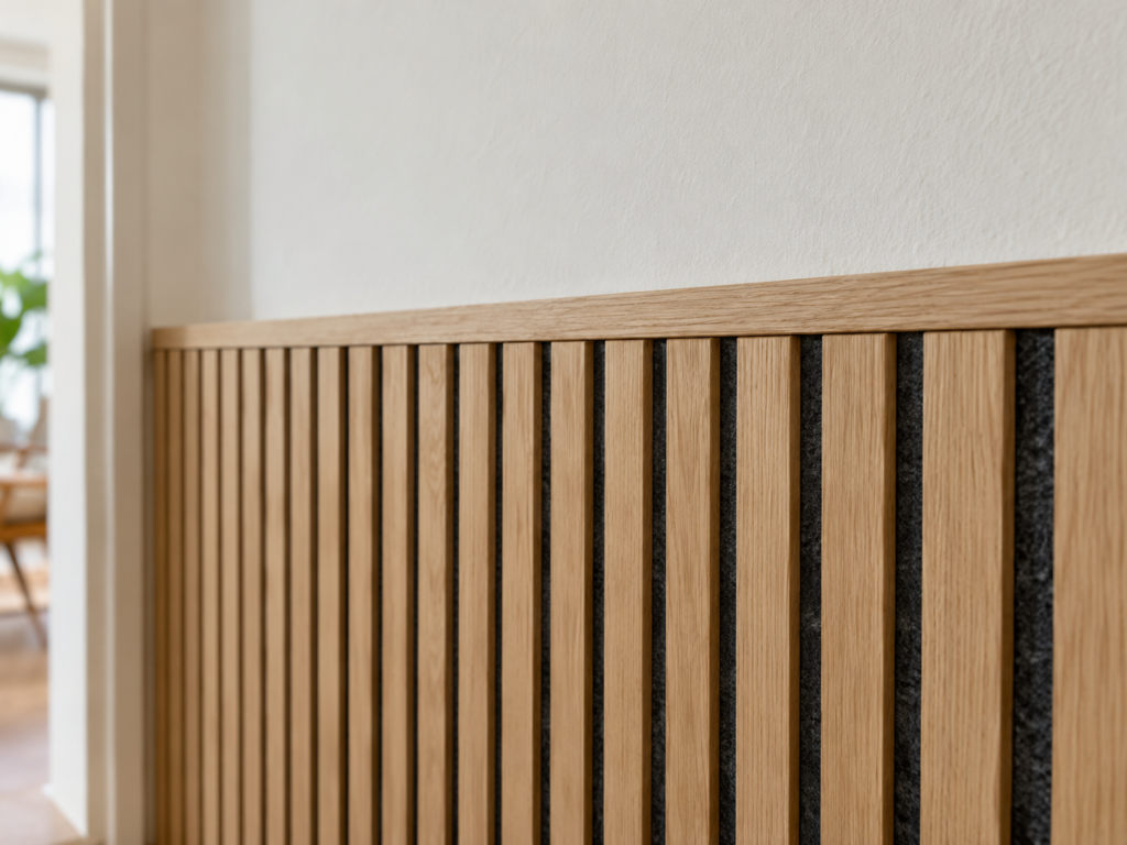 Nahaufnahme einer halbhohen Akustikpaneel-Wand mit vertikalen Eiche-Lamellen, schwarzem Filz und sauberer Holz-Abschlussleiste.