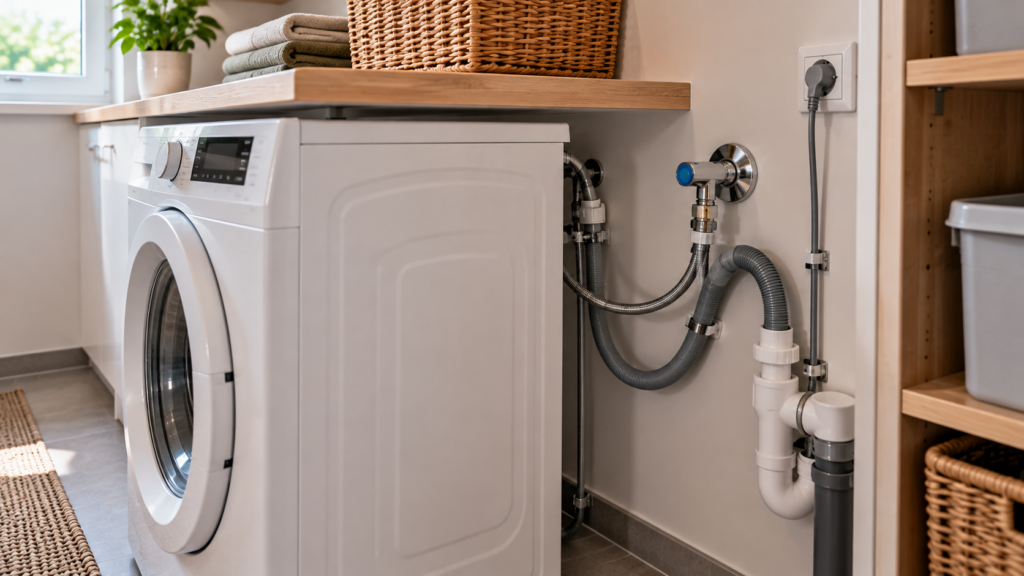 Sichere Waschmaschineninstallation mit zugänglichem Wasserabsperrventil im Hauswirtschaftsraum.