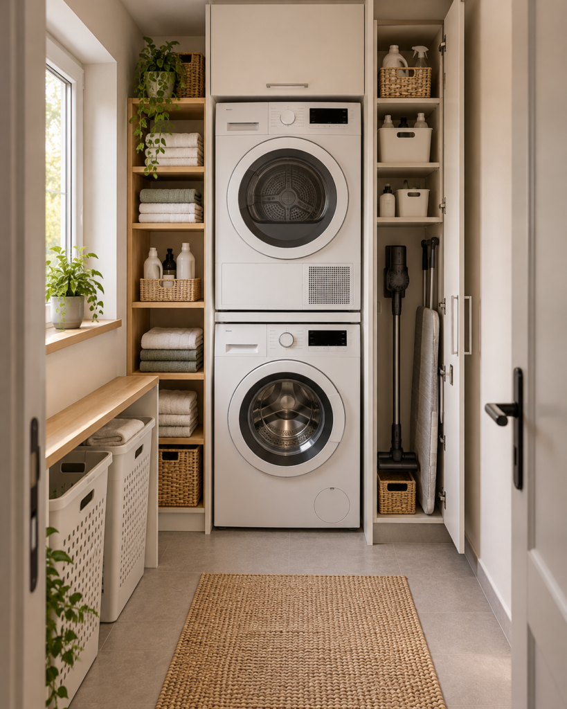 Platzsparender Hauswirtschaftsraum mit übereinandergestellter Waschmaschine und Trockner.