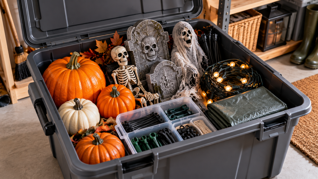 Wiederverwendbare Halloween-Deko in einer Aufbewahrungsbox zur Senkung der Kosten pro Saison.