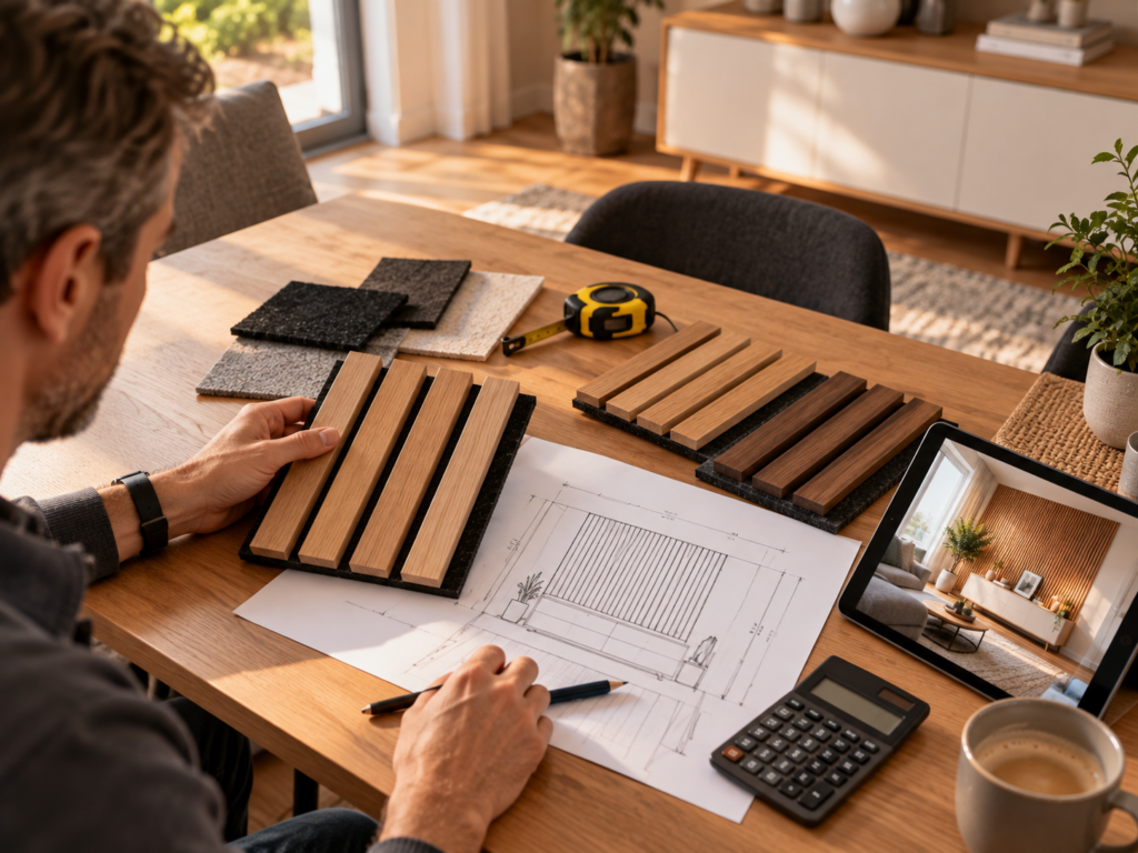 Planung von Akustikpaneelen mit Wandmaßen, Materialmustern und Kostenübersicht vor dem Kauf.