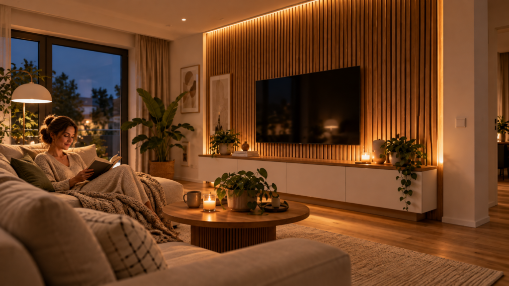 Frau liest abends auf einem Sofa vor einer Eichen-Akustikpaneelwand mit warmer indirekter LED-Beleuchtung.