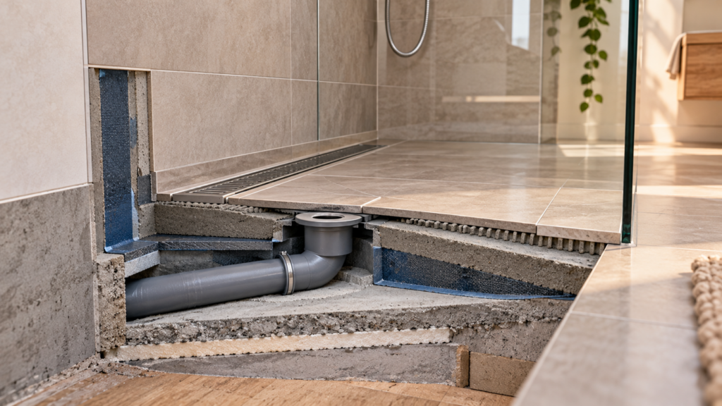 Schichten einer Dusche mit Estrich, Ablauf, Rohrleitung und Abdichtung als Ursache möglicher Umbaukosten.