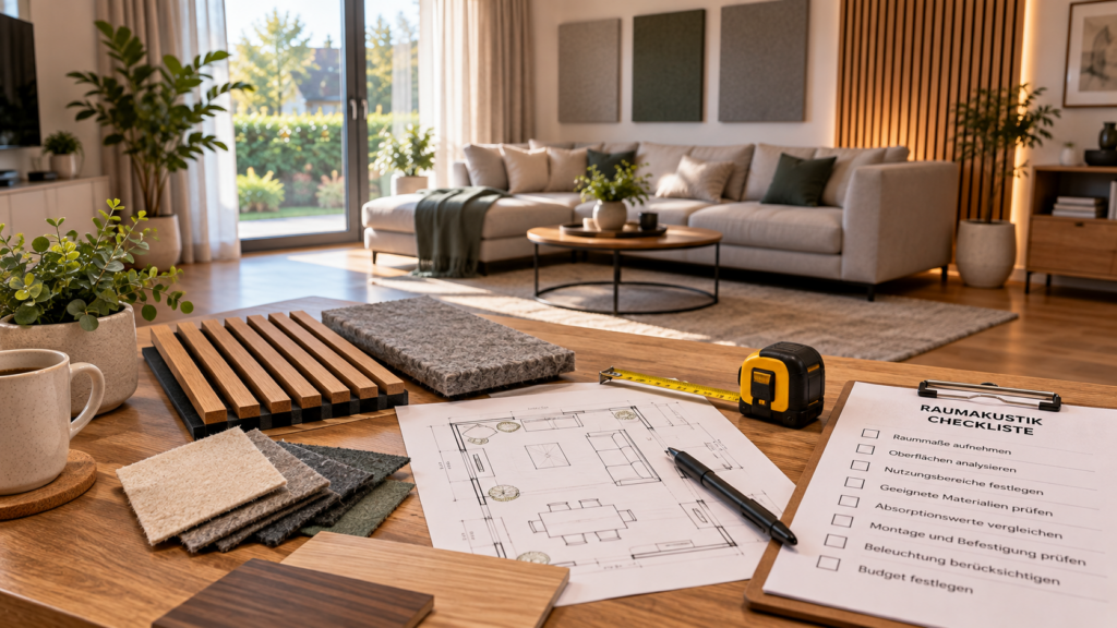 Raumakustik planen mit Maßband, Raumskizze und Materialmustern.