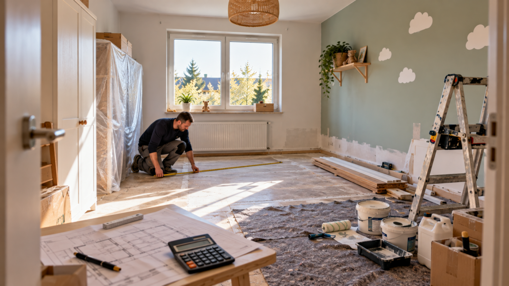 Kinderzimmer bei der Renovierungsplanung mit Bodenprüfung und vorbereiteten Malerarbeiten.