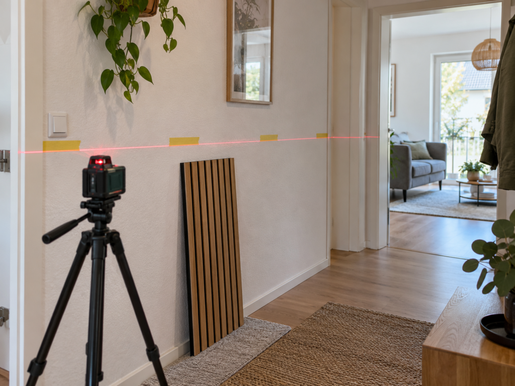 Kreuzlinienlaser projiziert eine horizontale Linie auf eine helle Flurwand zur Höhenplanung halbhoher Akustikpaneele.