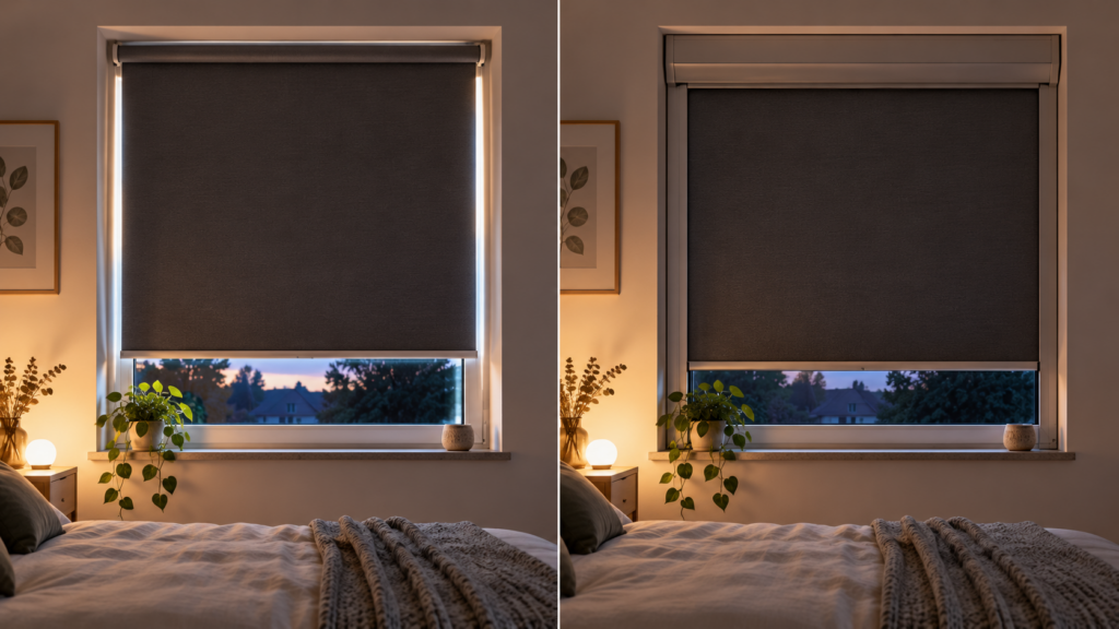 Standardrollo und maßgefertigte Schlafzimmer-Verdunkelung mit unterschiedlichen Lichtspalten