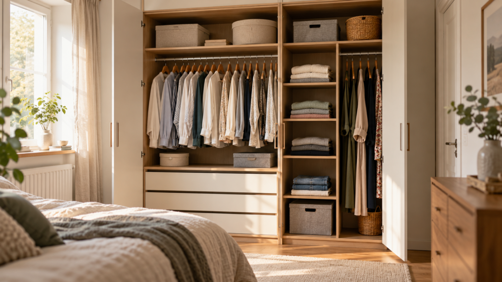 Übersichtlich organisierter Kleiderschrank im hellen Schlafzimmer mit geordneten Kleiderbügeln, gefalteten Pullovern und Aufbewahrungsboxen.
