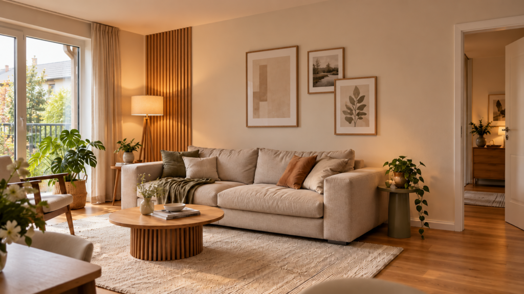 Gemütliches Wohnzimmer mit heller Wandfarbe, schmaler Eichenlamellen-Akzentfläche, Wandbildern und warmer Beleuchtung.