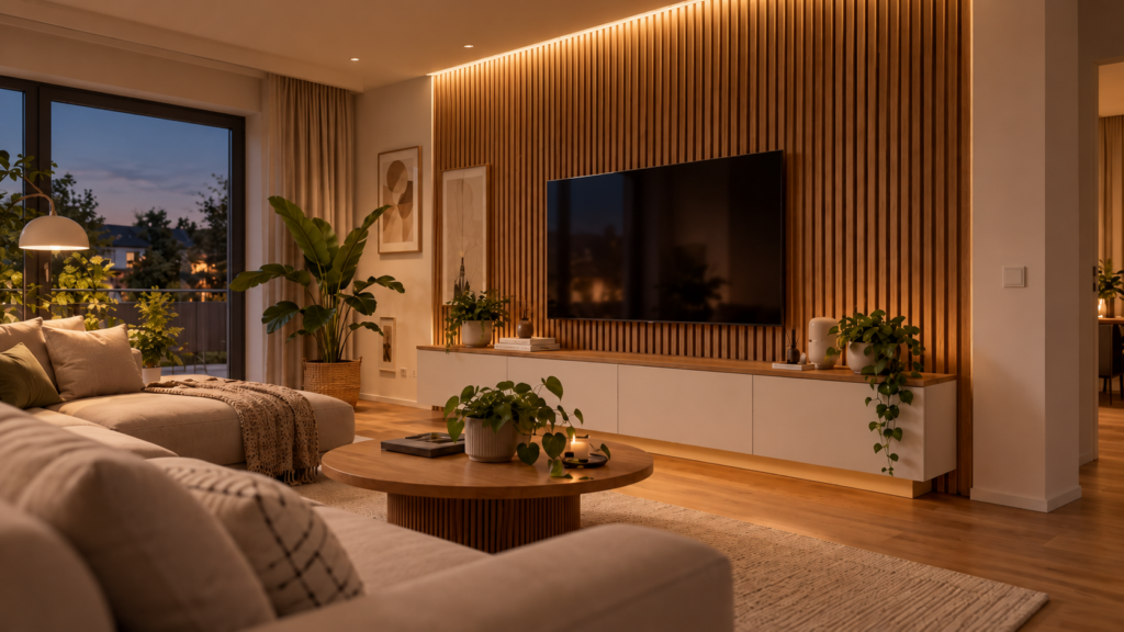 Ruhiges Wohnzimmer mit automatisierter Paneelbeleuchtung