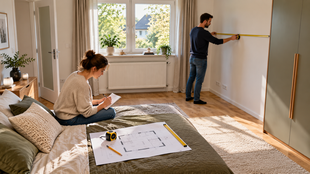 Schlafzimmer vollständig ausmessen mit Tür Fenster Heizkörper und Steckdosen