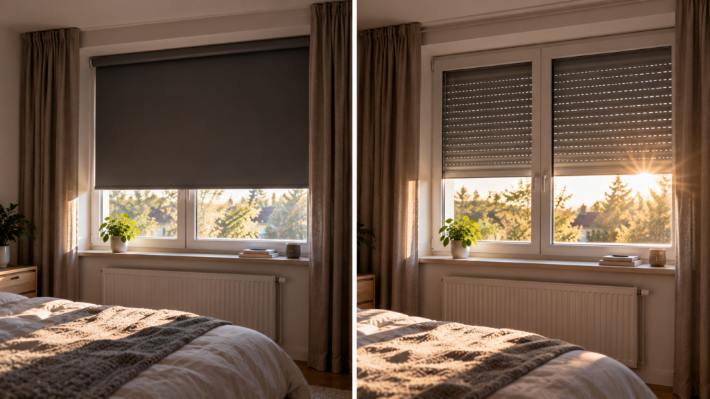 Innenliegende Verdunkelung und außenliegenden Rollladen im Schlafzimmer vergleichen