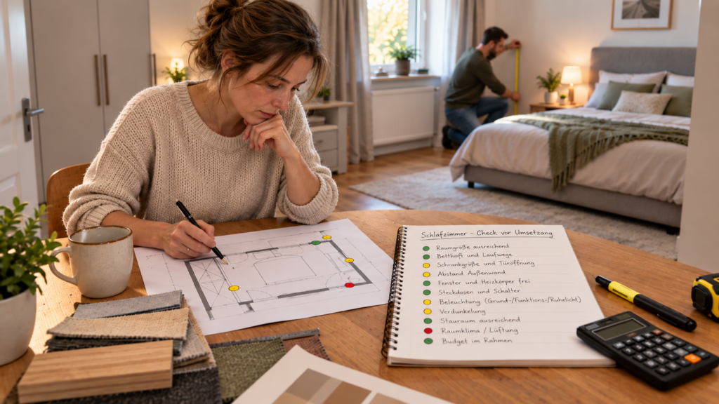 Schlafzimmer Checkliste mit Grün Gelb Rot vor Möbelkauf und Umsetzung