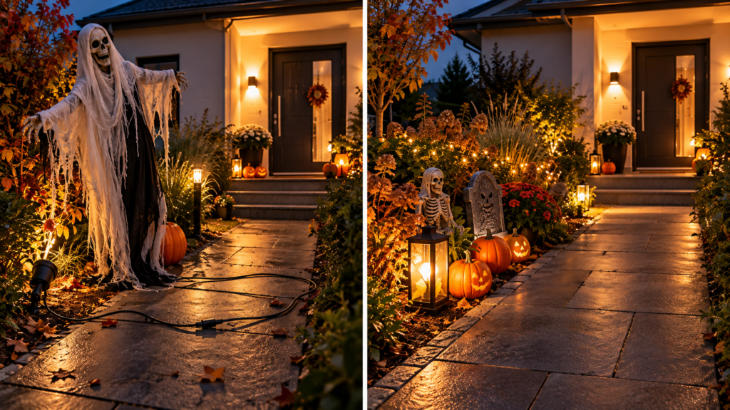 Vergleich von unsicherer und sicherer Halloween-Deko im Garten mit befestigten Figuren und freiem Laufweg.