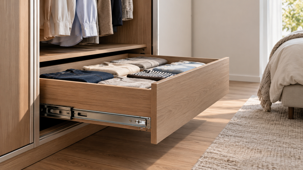 Vollständig ausgezogene Holzschublade im Kleiderschrank mit sichtbaren Metallschienen und ordentlich gefalteter Kleidung.