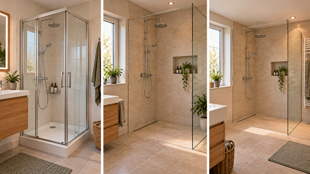Drei Sanierungsszenarien für die Kostenplanung einer Dusche im bestehenden Badezimmer.