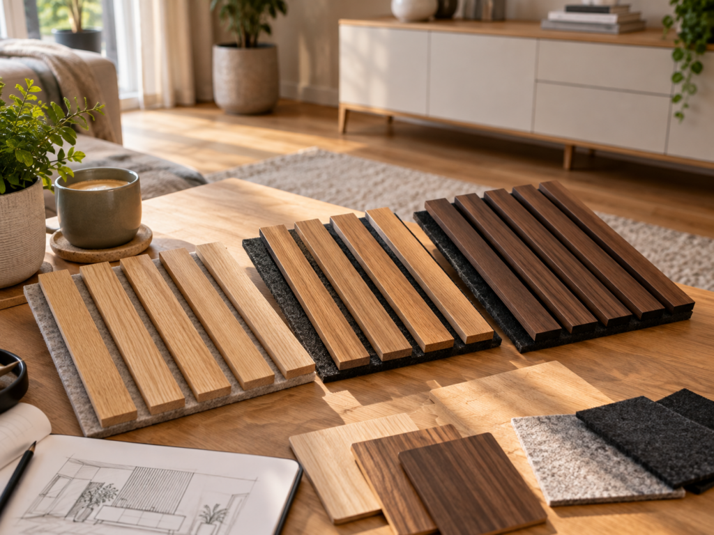 Verschiedene Holz- und Trägerfarben von Akustikpaneelen werden vor dem Kauf im Wohnzimmer verglichen.