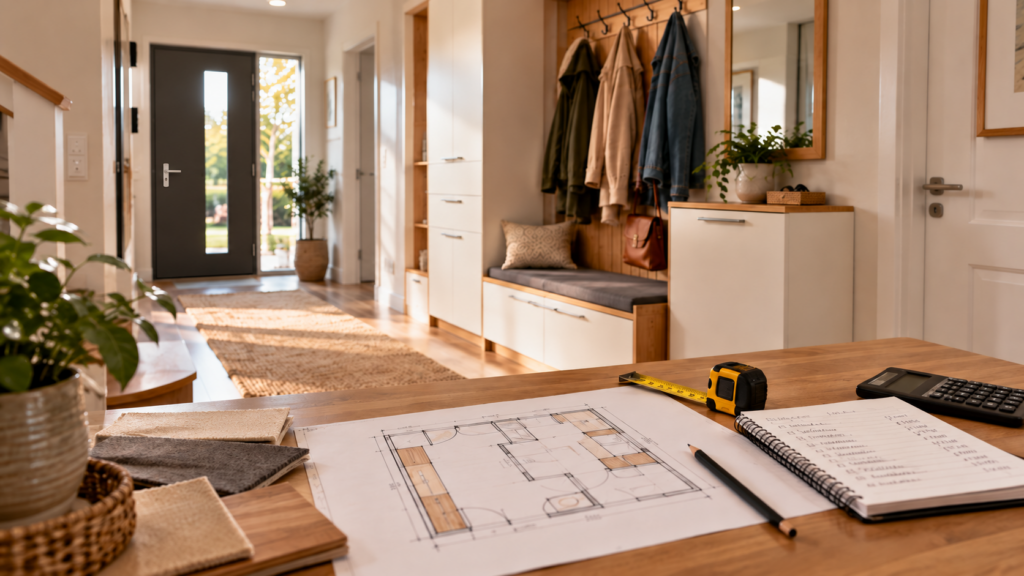 Budgetplanung für Flur und Garderobe mit Grundriss, Maßband und Kostenübersicht.
