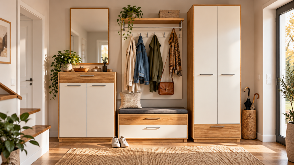 Garderobe mit Schuhschrank, Sitzbank, Spiegel und Jackenbereich als einzelne Kostenbausteine.