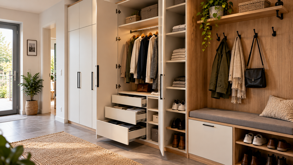 Garderobenschrank mit sichtbaren Auszügen, Beschlägen und Innenausstattung als Kostentreiber.