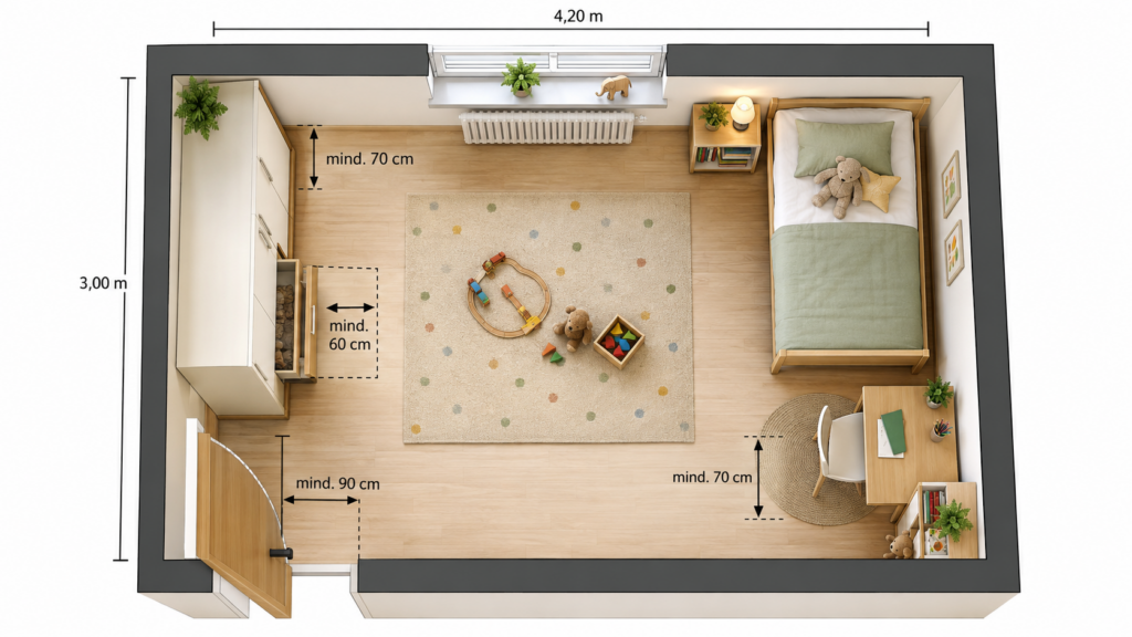 Kinderzimmer-Grundriss mit Bett, Schrank, Türschwenk und freier Spielfläche.
