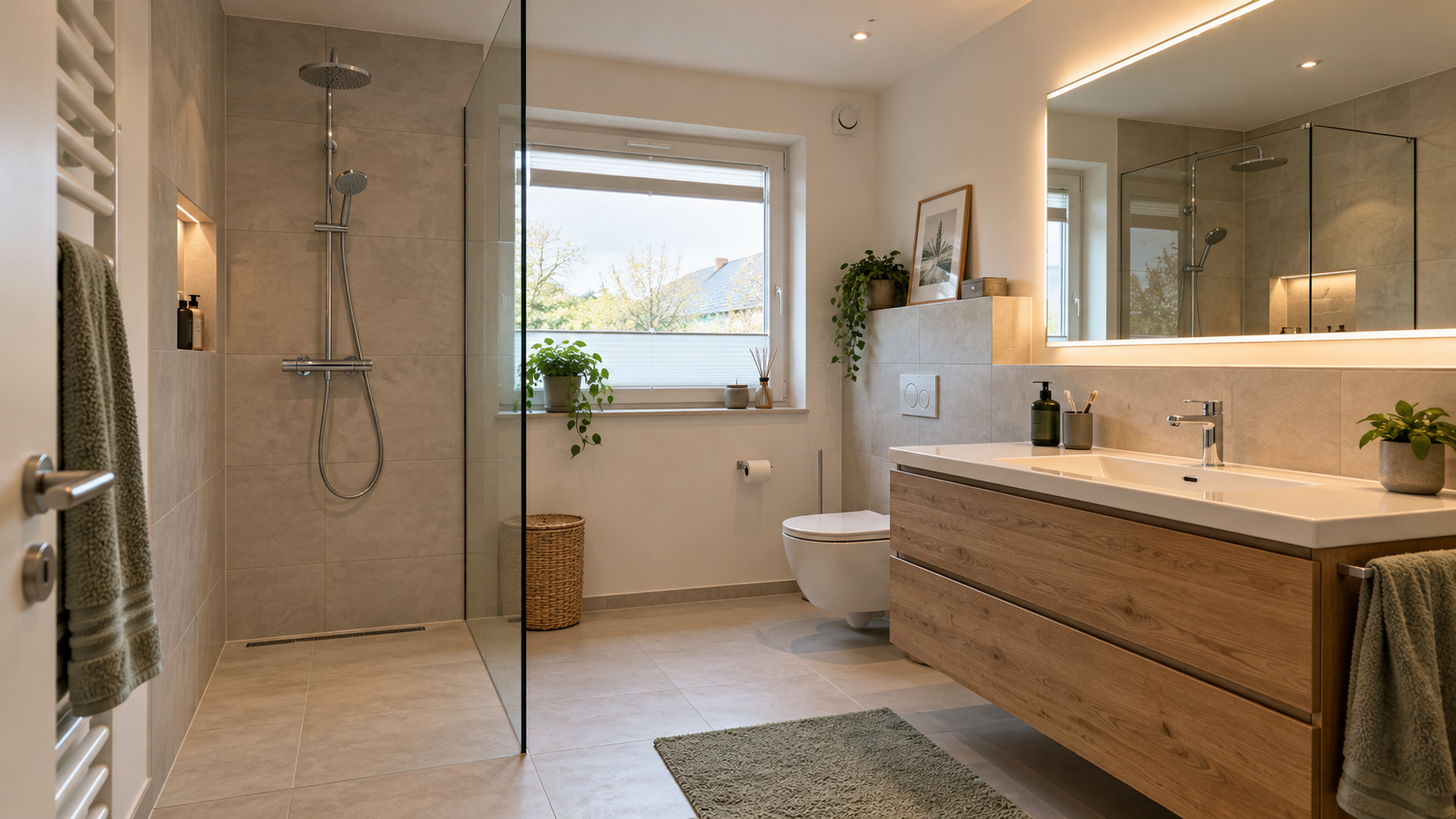 Helles Badezimmer mit bodengleicher Dusche und Holzwaschtisch als Beispiel einer funktionalen Badezimmerplanung