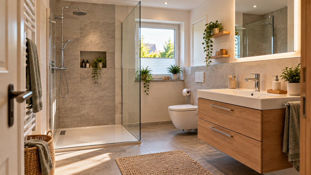 Wirtschaftlich geplantes Badezimmer mit funktionaler Standardausstattung.