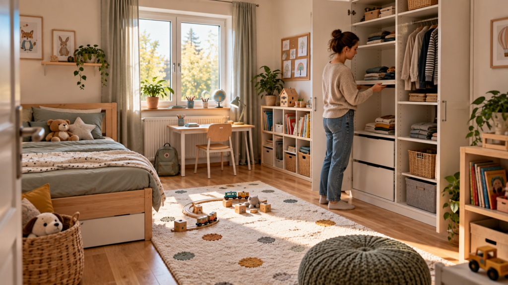 Langlebige Kinderzimmermöbel mit stabilem Bett, flexiblem Kleiderschrank und modularer Aufbewahrung.