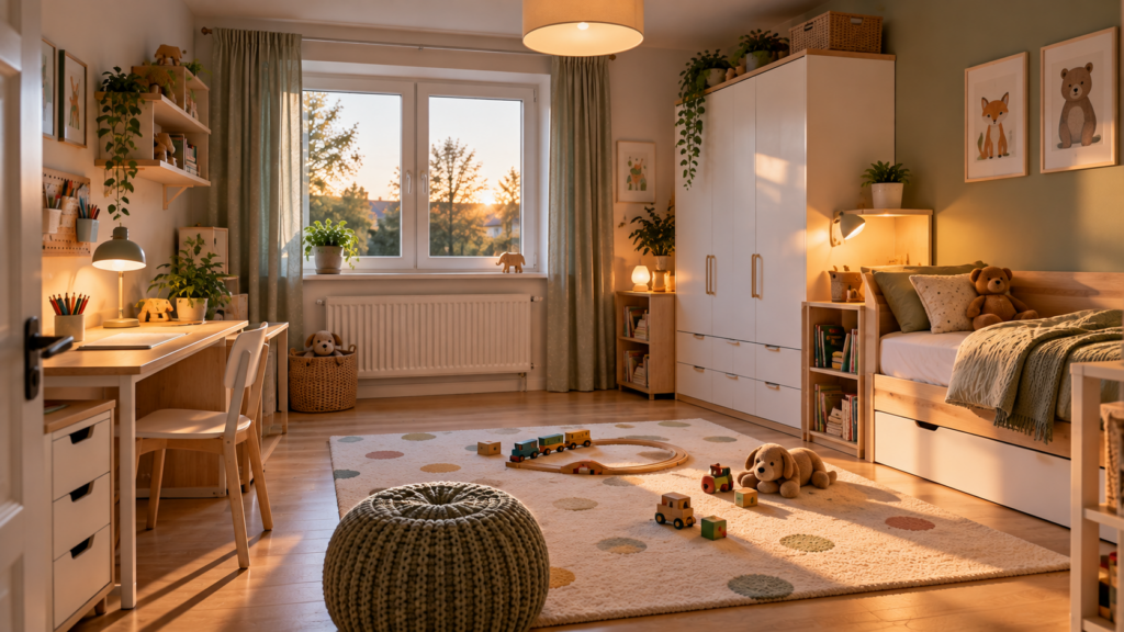 Kinderzimmer mit Tageslicht, Schreibtischbeleuchtung und ruhiger Schlafzone.