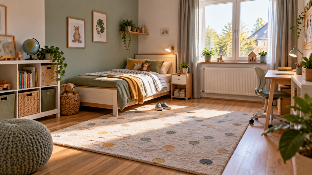 Zeitloses Einzelbett als langfristige Schlaflösung im mitwachsenden Kinderzimmer.