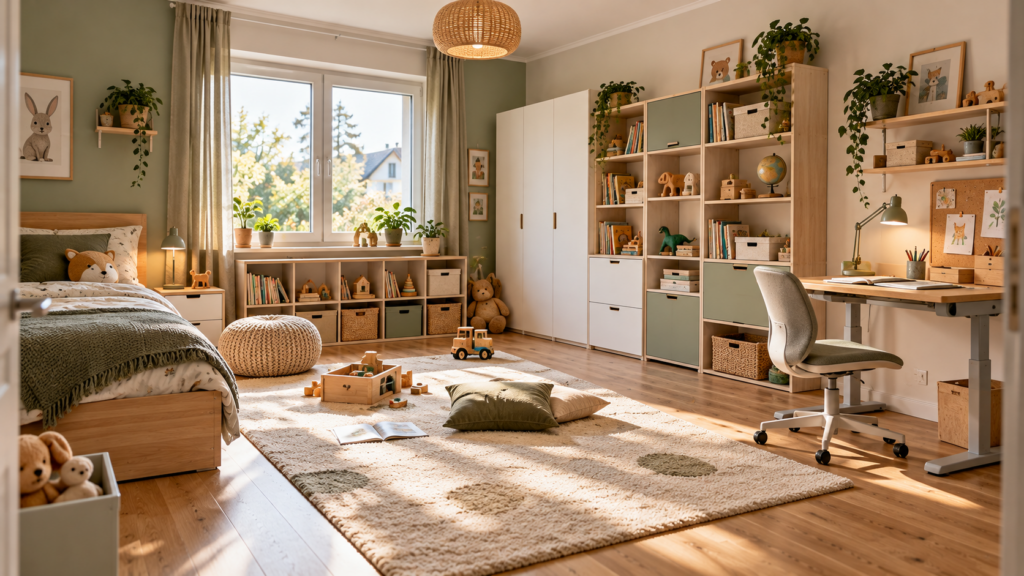 Mitwachsende Kinderzimmermöbel mit Bett, verstellbarem Schreibtisch und modularen Regalen