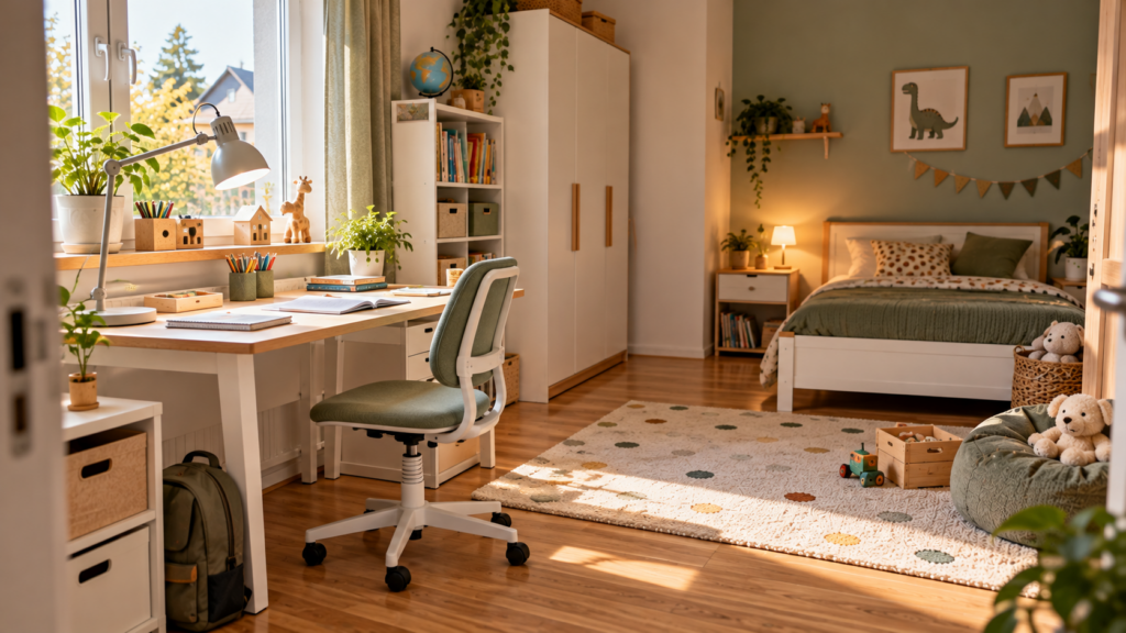 Anpassbarer Kinderzimmer-Schreibtisch als späterer Lernplatz mit Tageslicht.
