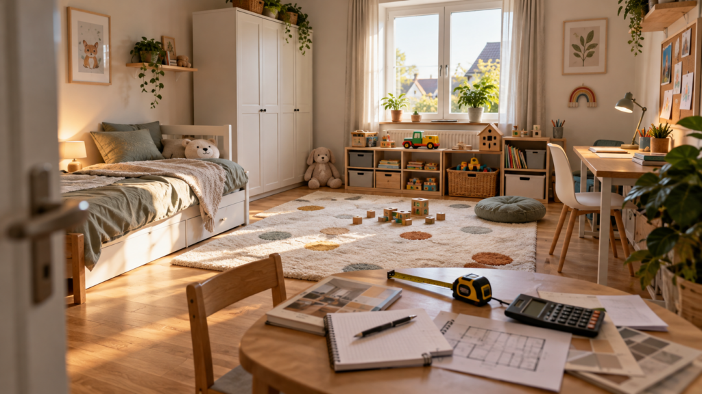 Mitwachsendes Kinderzimmer mit langlebigen Möbeln und Unterlagen zur langfristigen Kostenplanung.