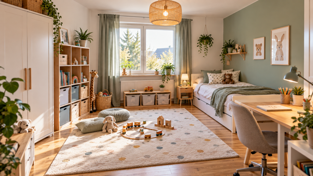 Übersicht typischer Kostenpositionen mit Bett, Schrank, Schreibtisch und Stauraum im Kinderzimmer.