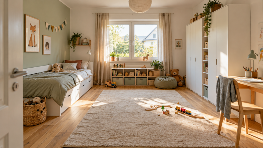 Flexibler Kinderzimmer-Grundriss mit Bett, modularen Regalen und freier Spielfläche