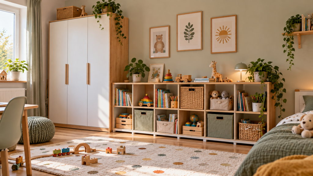 Modulares Kinderzimmerregal mit flexibel nutzbaren Fächern neben einem Kleiderschrank.