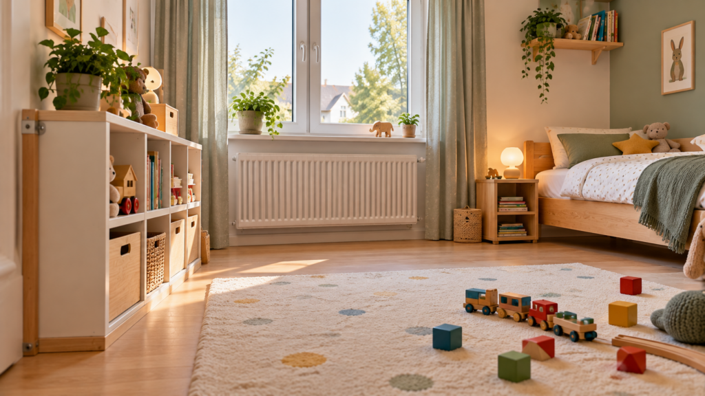 Kindersicher geplantes Kinderzimmer mit freier Fensterzone und gesichertem Regal.