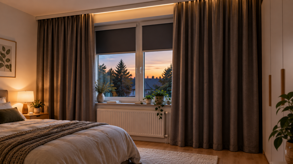 Verdunkelungsvorhang mit Schiene und ausreichender Überdeckung am Schlafzimmerfenster