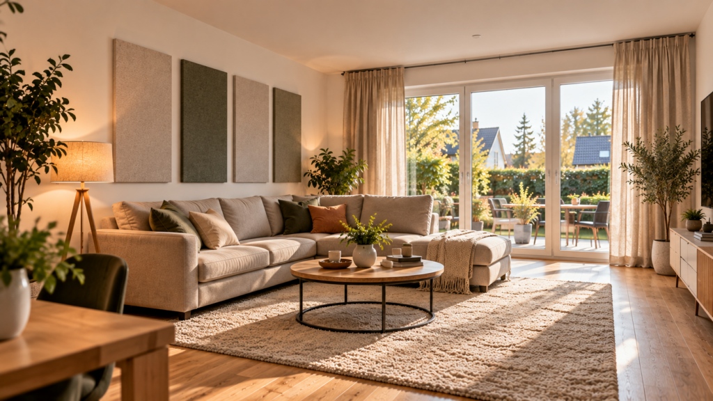 Wohnzimmer mit Teppich, Vorhängen und Wandabsorbern zur Verbesserung der Raumakustik.