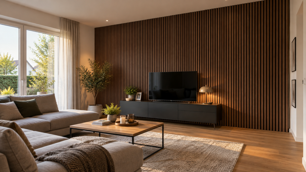 Zu große Akustikpaneelwand in einem normalen Wohnzimmer als Beispiel für eine unpassende Flächenplanung.