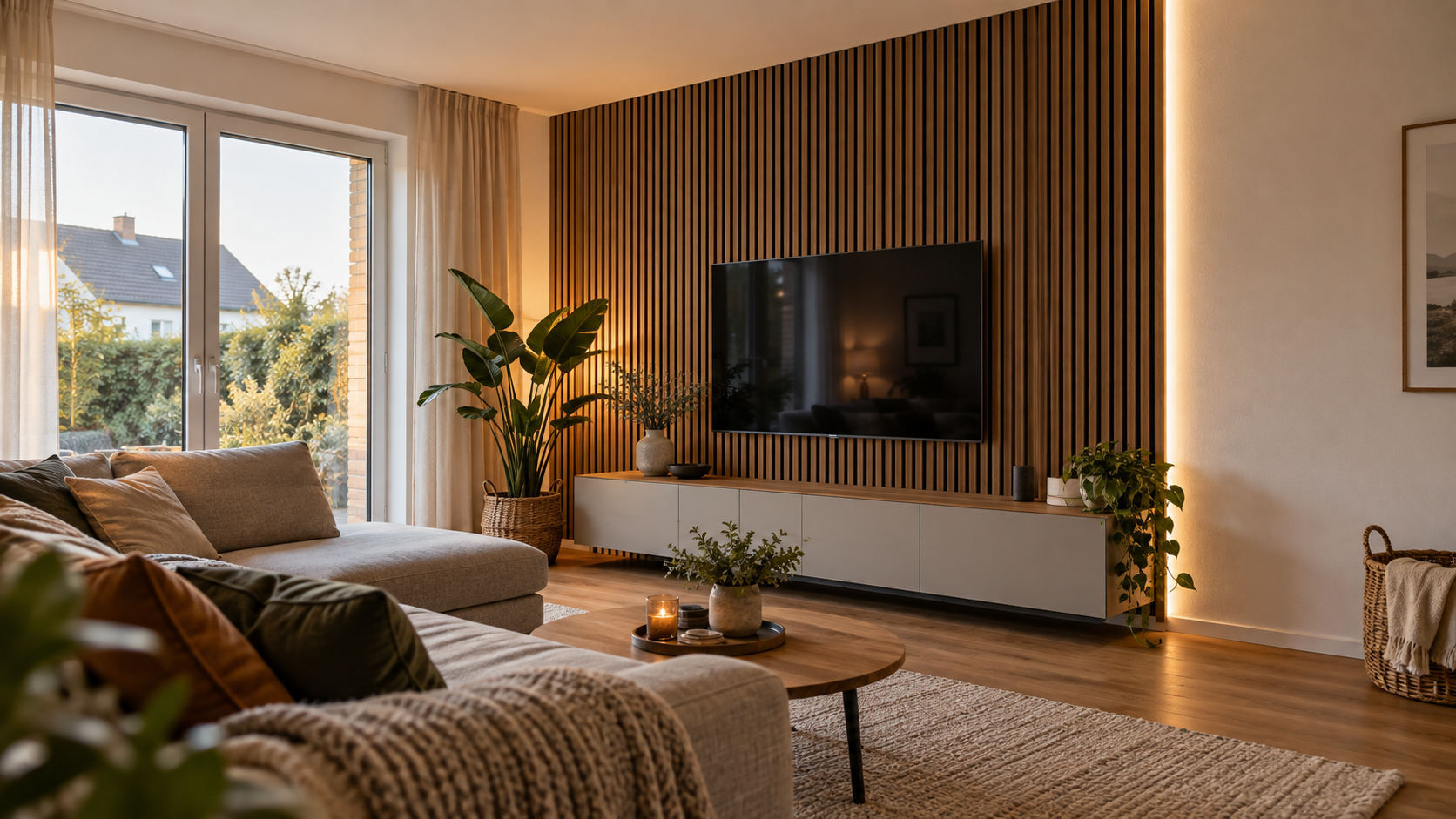 Wohnzimmer mit großflächiger Holzlamellenwand und integrierter TV-Zone